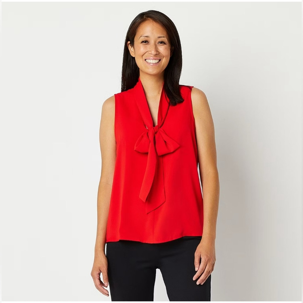 NEW Red Abbott Elementary Sleeveless Split Tie Neck Blouse 3X